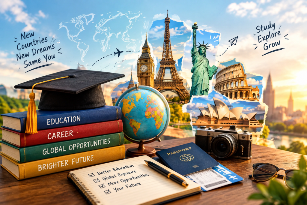 Study abroad opportunities with graduation cap, globe, passport and international landmarks for students seeking Best Study Abroad Consultants in Kerala